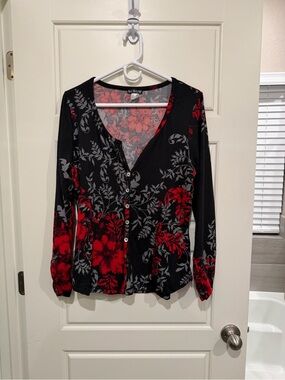 Venus Womens XL Black Red Floral Leaf Print Button Front Long Sleeve Top